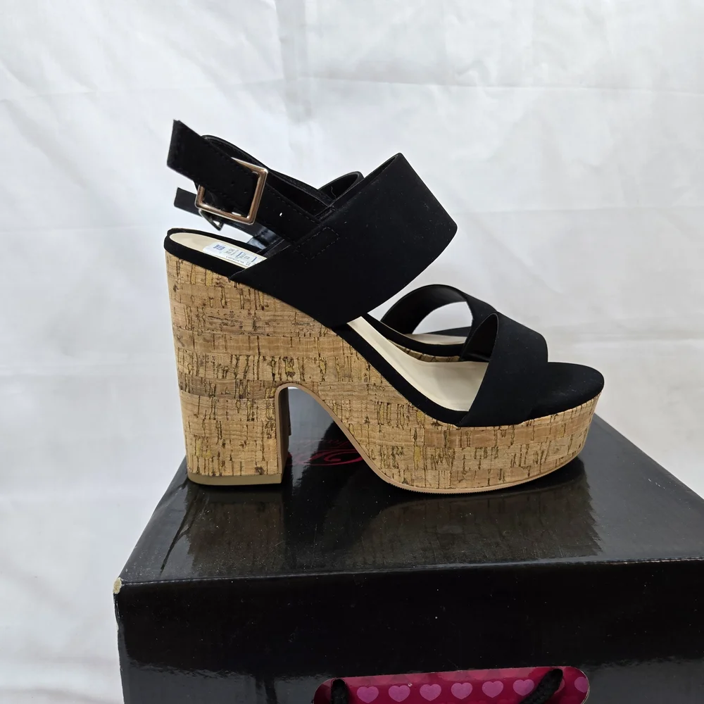 Coconuts by‎ Matisse Women's Black Chunky Cork Block Heel Platform Sandals 8 NEW